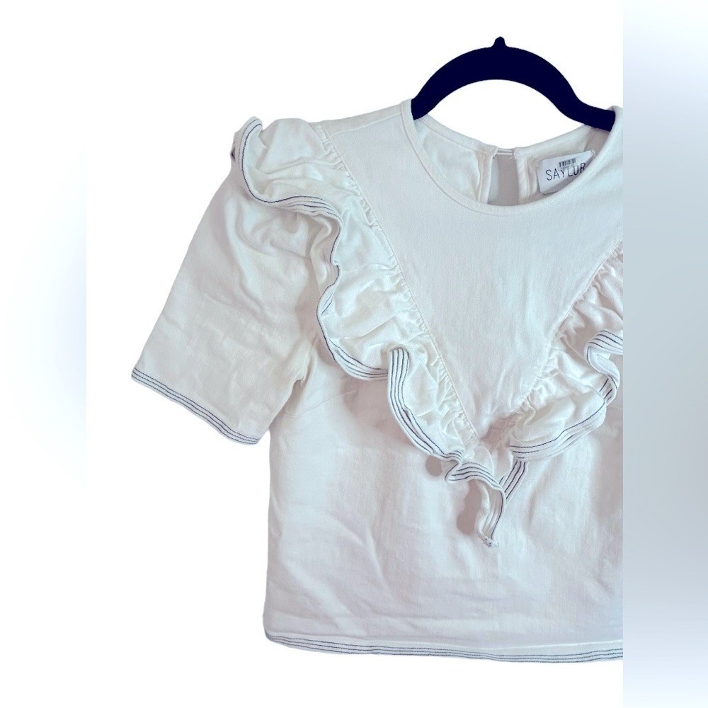 Saylor Anthropologie White Ruffle Sleeve Nautical Harriette Denim Top Size XS - Picture 8 of 12